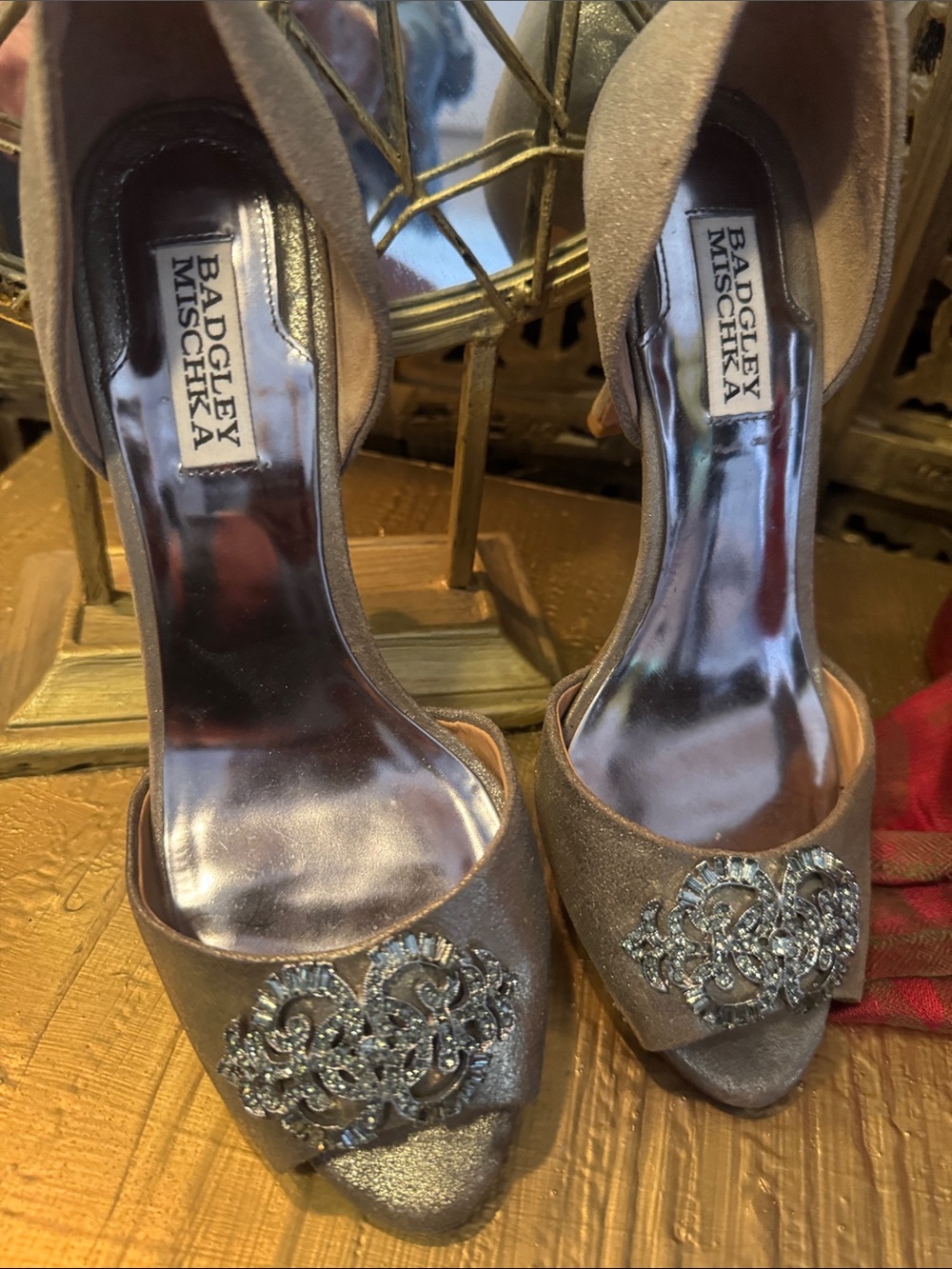 Badgley Mischka Taupe Embellished Peep-Toe Heels with Silver Crystals